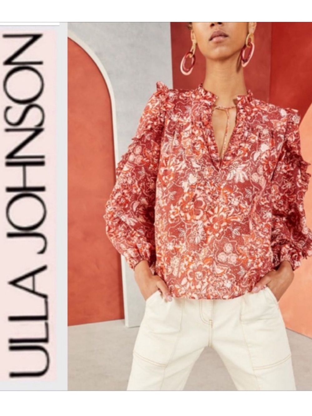 ULLA JOHNSON Ruffle Coral Floral Rana Blouse Size 2 $325